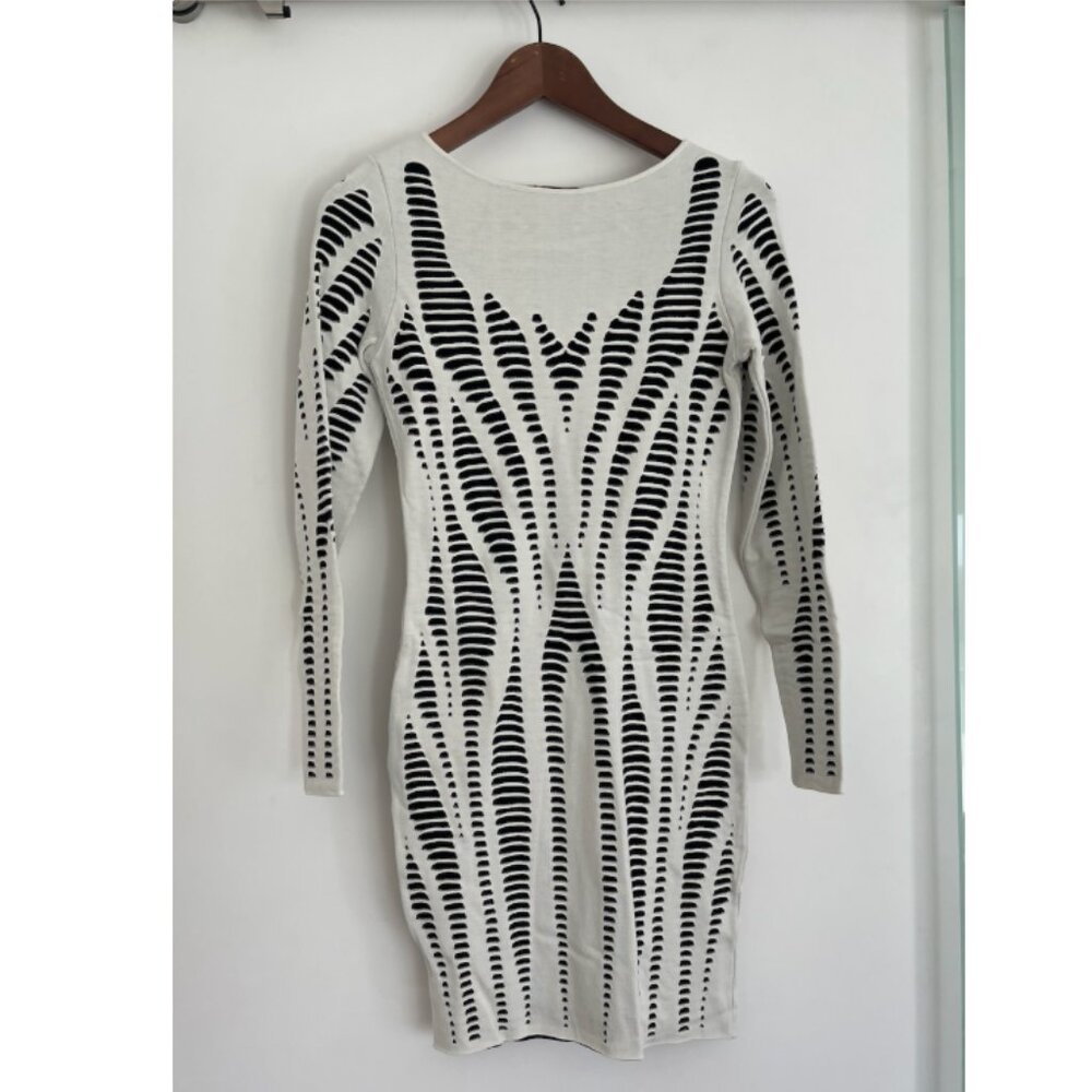 RVN White & Black Geometric Illusion Knit Bodycon Dress